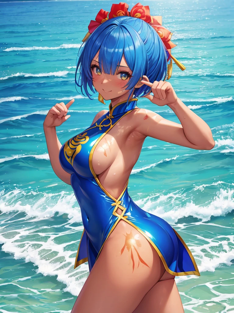 masterpiece, highest quality, 超detailed,Rem,Re Zero, 1 girl, (20-year-old),smile, blue hair, blue and yellow eyes,short hair,cheongsam clothing,((Kung Fu Stance,Battle Pose,overmatch,Sunburn mark,Nigiri fist,good)),latex, shiny, (masterpiece), (highest quality), (超detailed), more_detailed:-1, more_detailed:0, more_detailed:0.5, more_detailed:1, more_detailed:1.5, tan, black skin, Outer World AI, Glow Phi,Ocean,beach, beautiful background, beautiful girl, 