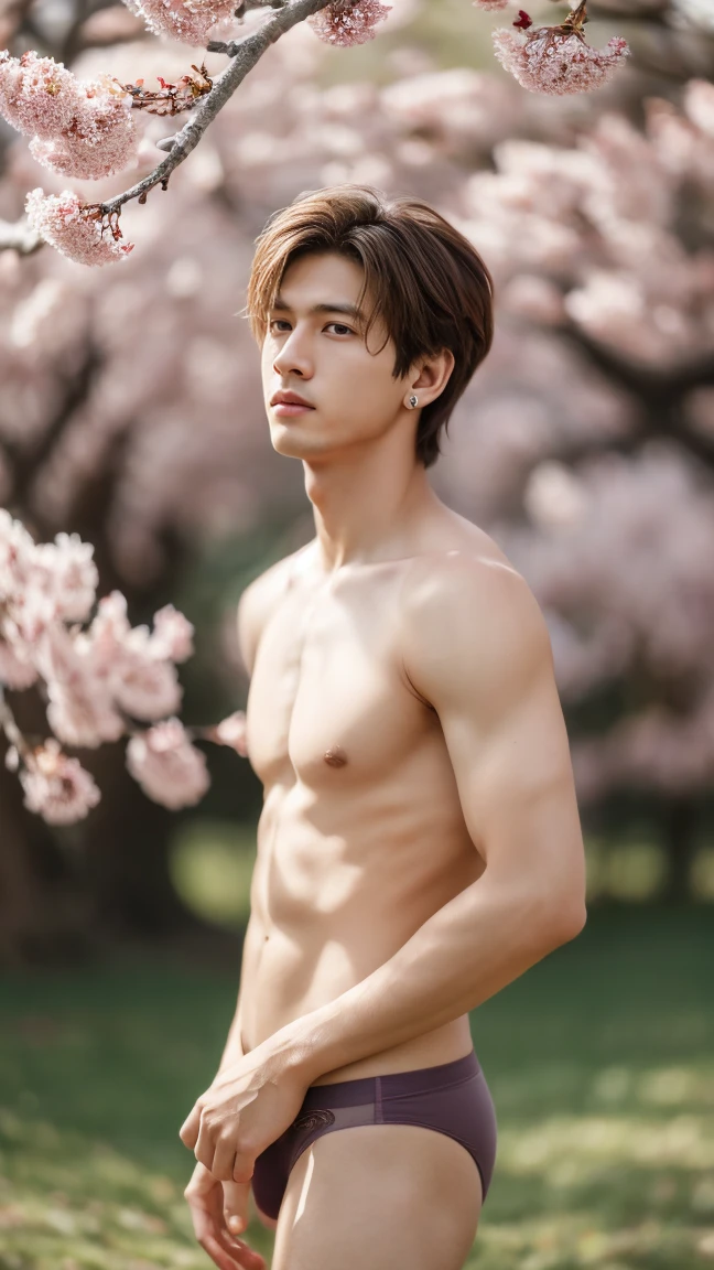 Masterpiece,Very detailed CG unity 8k wallpaper.,1 boy, Handsome like an actor, realistic, hazy, hazy_background, hazy_ahead, branch, brown_hair, Plum blossom, depth_of_field, earring, flower, decorations, nose, realistic, alone,not wearing clothes, Wear only thong panties.