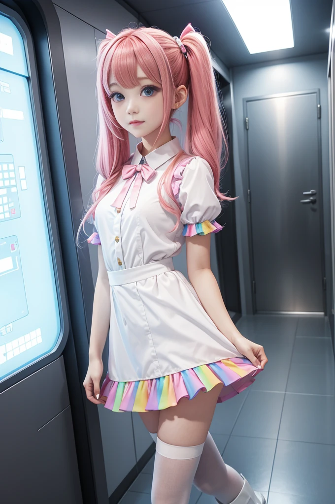 ((masterpiece)), ((Best quality)), (A high resolution:1.3), (Professional photography:1.2), 1 girl (Bianca Abercrombie), One, Bandage, cross Bandage, ((pink shoes)), pink flowing hair, Blue eyes, pink pupils, shy, bare thighs, Pink nurse clothes, nurse cap, (nurse uniform), Cross decoration, nurse, Go towards the viewer, (Like a syringe), Clinic