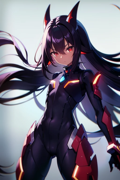 Masterpiece, best quality, highres, amazing quality, flat chested, (male), (8  boy), (shota), (Dark skin), cute, red eyes, very long dark brown hair, black exosuit, black gaunlets, long point headgear, black mecha musume, close up, (blazblue murakumo unit armour)