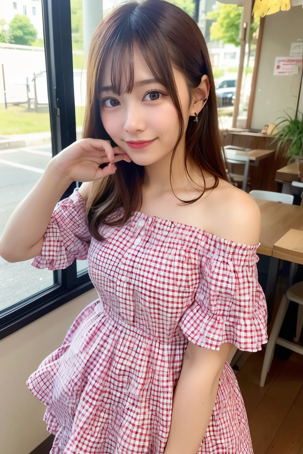 Highest image quality,highest quality,masterpiece,4k,8k,Girl In A Cafe,Chiho, surreal , Photographed with Sony α9, She is wearing a pink gingham plaid off-shoulder dress.,Shirahime cut hairstyle,smile,Adorable image of a bright and cute girl, Expressive eyes holding a dog in an attractive cafe, Sunny café,Girls should wear off-shoulder clothes with gingham plaid, Pink costume, そして彼女の熱意は彼女の明るいsmileを通して放射されるはずです. The sea seen from the window, An arafi woman wearing a pink dress with a gingham check pattern, Chiho, 2263539546], in a dress, Yoshitomo Nara, a 19 years old girl, 8K selfie photo,Have a dog