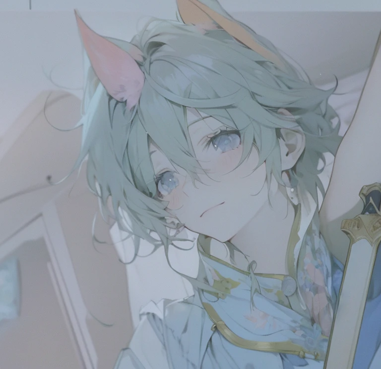 A blue-haired boy，There is a sword next to it