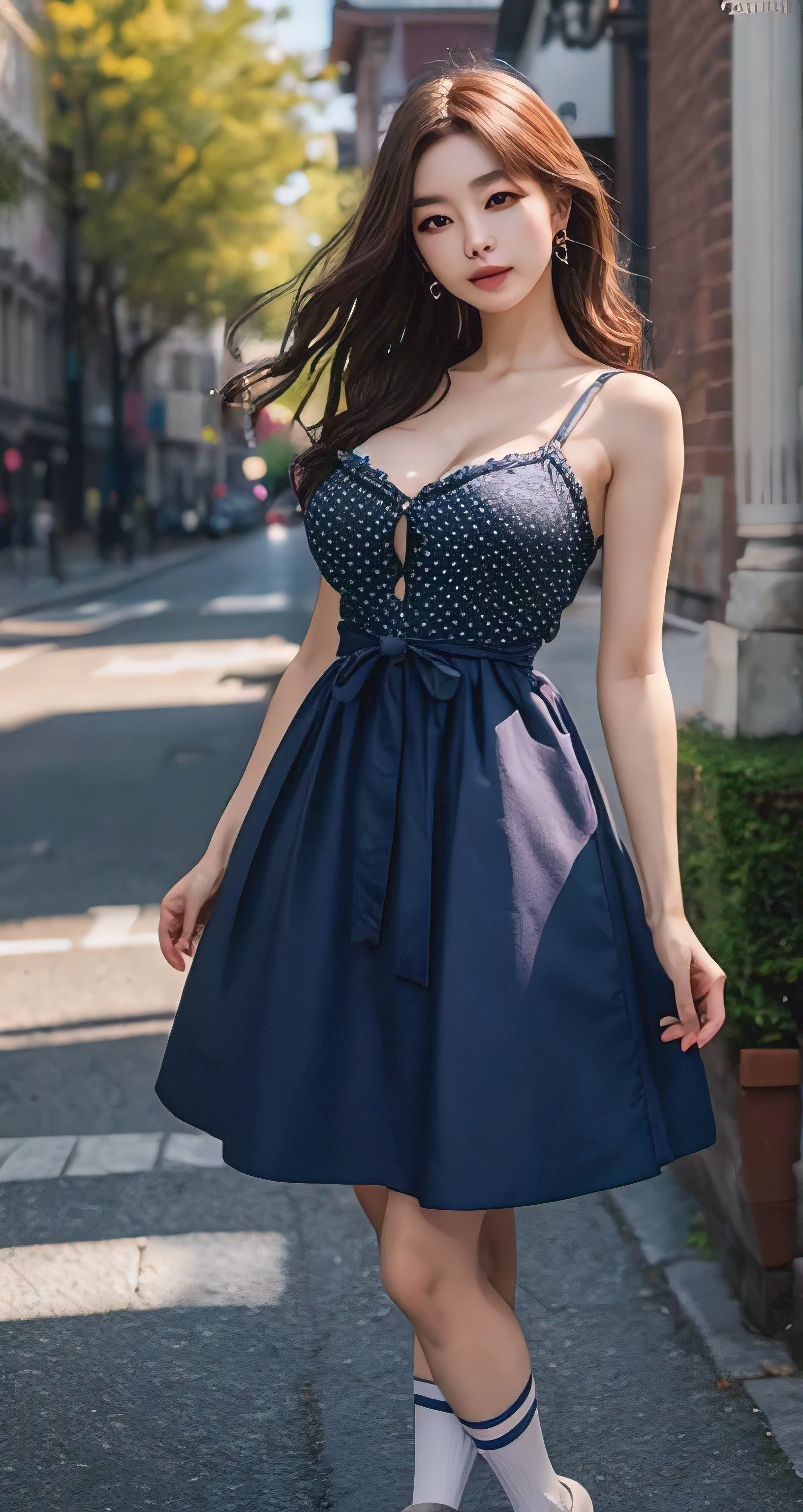 Best Quality Detail:1.2, realisitic, 8K UHD, hight resolution, 1girl in:1.2, The ultra-detailliert, High quality textures, intricate detailes, detaileds, Very detailed CG, High quality shadows, Detail Beautiful delicate face, Detail Beautiful delicate eyes, depth of fields, Ray traching, masterpiece, best quality,ulzzang -6500-v1.1:0.6, pureerosface_v1, Pretty Kpop Girl, Korean Urzan Face:1.1, milf, 28 year old woman,long hair,shiny_skin,thin_waist,huge breasts, polka_dots_midi_dress,socks,converse, night, 4K 8K UHD Full Color RAW Photos, Fuji Film(Medium format:1.2), Hasselblad:1.2, Carl zeiss:1.1, Incredible dynamic range photography(UTIL_Art by Smoose-768:1.1), hight resolution, High pixel count, clear details, crisp image, Natural color reproduction, Noise Reduction, High fidelity, qulity, Software Improvements, Upscaling, Optimized algorithms, Pro-level retouching,crowd:1.1,depth of field,looking at viewer,standing on mystical royal palace,random pose, mystical royal palace background,
