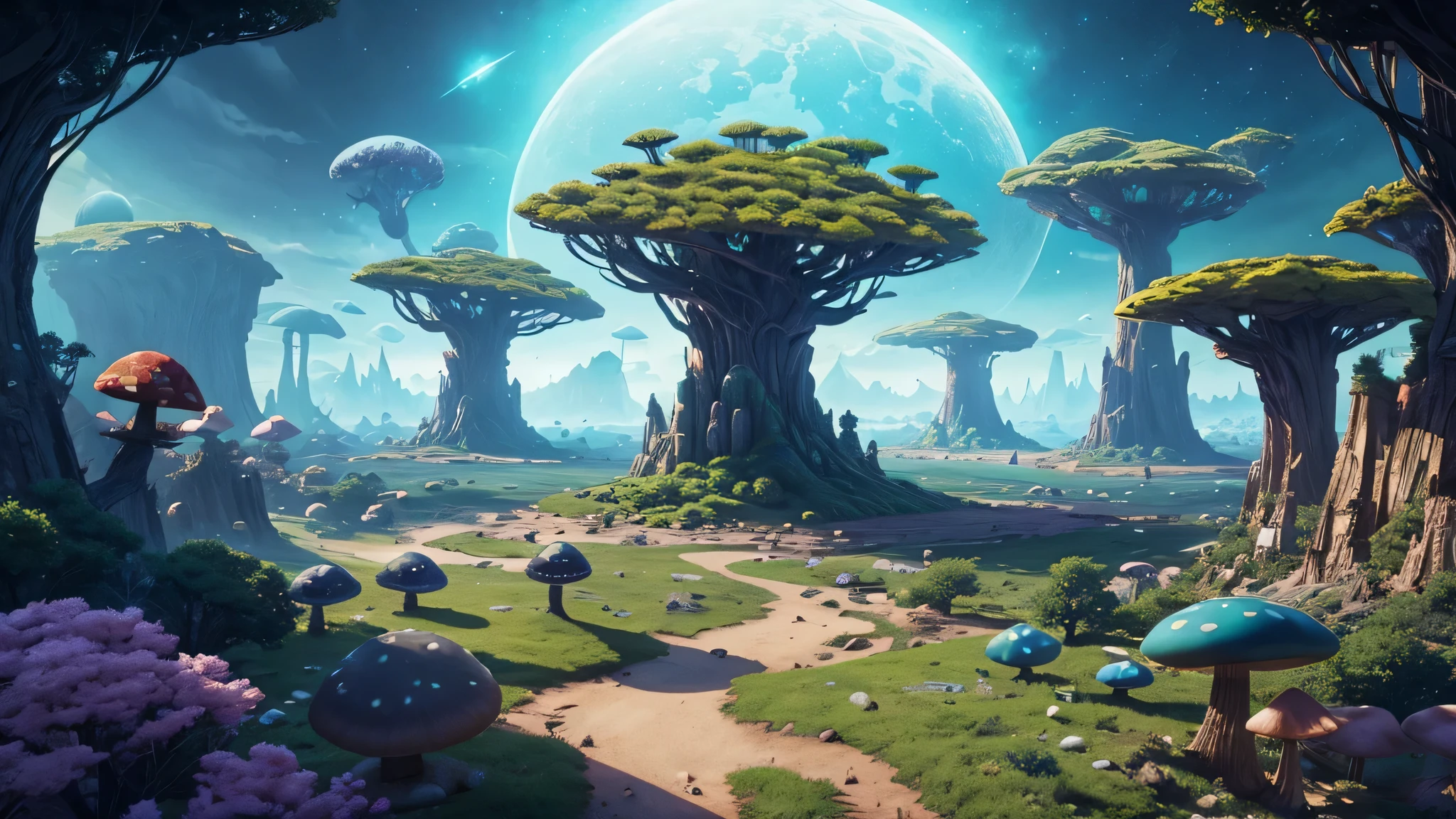 Parallax Background Alien Planet 2D Landscape With Fantasy Mushrooms Trees Or Buildings And Rocks. Extraterrestrial Nature Layered Scene For Computer Game. Cartoon 2D Illustrated Scenery View, Ui