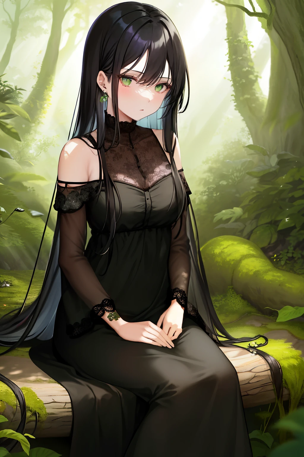 Woman, fifty years old, with long black hair that cascaded down her shoulders, and brilliant green eyes that shimmered in the dappled forest light, wore a little black dress that blended seamlessly with her surroundings. In the heart of the forest, she sat on a moss-covered log, her expression thoughtful yet pensive, as if lost in deep thought. The dress, simple yet elegant, accentuated her slender frame and highlighted her timeless beauty. A gentle breeze rustled the leaves around her, the sunlight filtering through the canopy casting intricate patterns on her face. Her piercing green eyes met the viewer's gaze, a sense of quiet strength emanating from within.