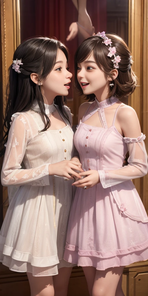 two women in dresses standing next to each other in front of a tv, pov, two girls, annoying sister vibes, lesbians, cute girls, gen z, looking this way, pov shot, two models in the frame, sisters, hd, they are very serious, lesbian, multiple, 2 sisters look into the mirror, serious faces, photo shoot, kissing each other in mouth, tongue, saliva, smirking lustful smile, girlfriends kiss, love, steam
