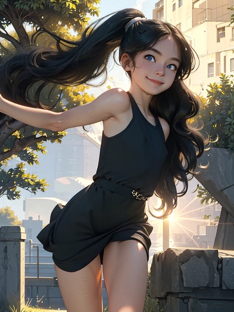 (best quality, masterpiece), 1 girl, (muscular:0.7), pale skin, athletics, (running:1.2), ponytail, head tilt, smile, happy, wavy black hair, lens flare, backlight, (sweat:0.5), sundress, steaming body, wind, outdoor, park, sunset, view from behind, big butt, blue eyes,