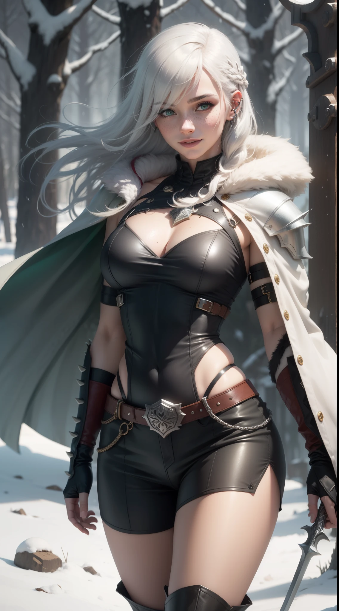 gwen tennyson,yorha 2b,tracer,y'shtola rhul, lord of the rings,warcraft,close up,winter forest,viking village,rune tattoos,fur and royal green plugsuit,winter viking linen shirt,royal green viking cape,spiked viking armor,viking linen pants,short viking hair,viking makeup,green eyes,multicolored silver hair, spiked gloves,sexy smile,freckles,beautiful girl,knee high spiked boots,large breasts,8k,ultra detailed,realistic,fantasy art,viking armor,hair pin,ear piercings,(weather:windy),1girl,long viking battle axe,