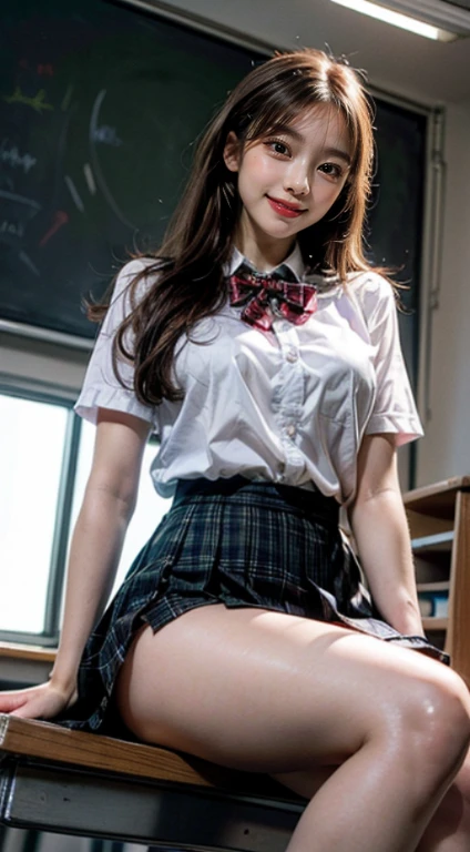 ((8Kmasterpiece,highest quality)), ultra high resolution, (masterpiece: 1.4), hyper detail, (((1 girl))),cute,perfect anatomy, beautiful face, beautiful and delicate eyes,((red eyes)),Big eyes,shining eyes of light,Thin and long eyelashes,detailed light,((brown hair)),((long hair)),Ahoge,big breasts,((very large thighs)),school uniform,hair clip,plaid blitz short skirt,white knee high socks,light pink panties, Panty Pose, panty shot, ,(grinning smile),((blush)),((please open your mouth wide)),(classroom),((angle from below)),looking at the viewer,evening,Beautiful sunshine,Nice views, rainbow in the sky, particles of light, sunbeam,gust of wind,sense of speed,dutch angle,Depth of written boundary