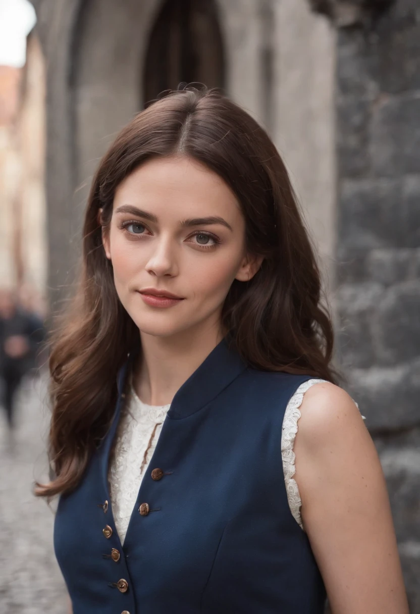 In a suit, Kaya Scodelario, 23 year old pretty woman、Carina Smyth, Kaya Scodelario, Beautiful woman standing against the background of cobblestones、she&#39;s wearing squirrel ears、white shirt、navy blue vest、Vest button fastening、Dark blue pants、navy blue setup、short hair、Brown hair、Hair highlights、
