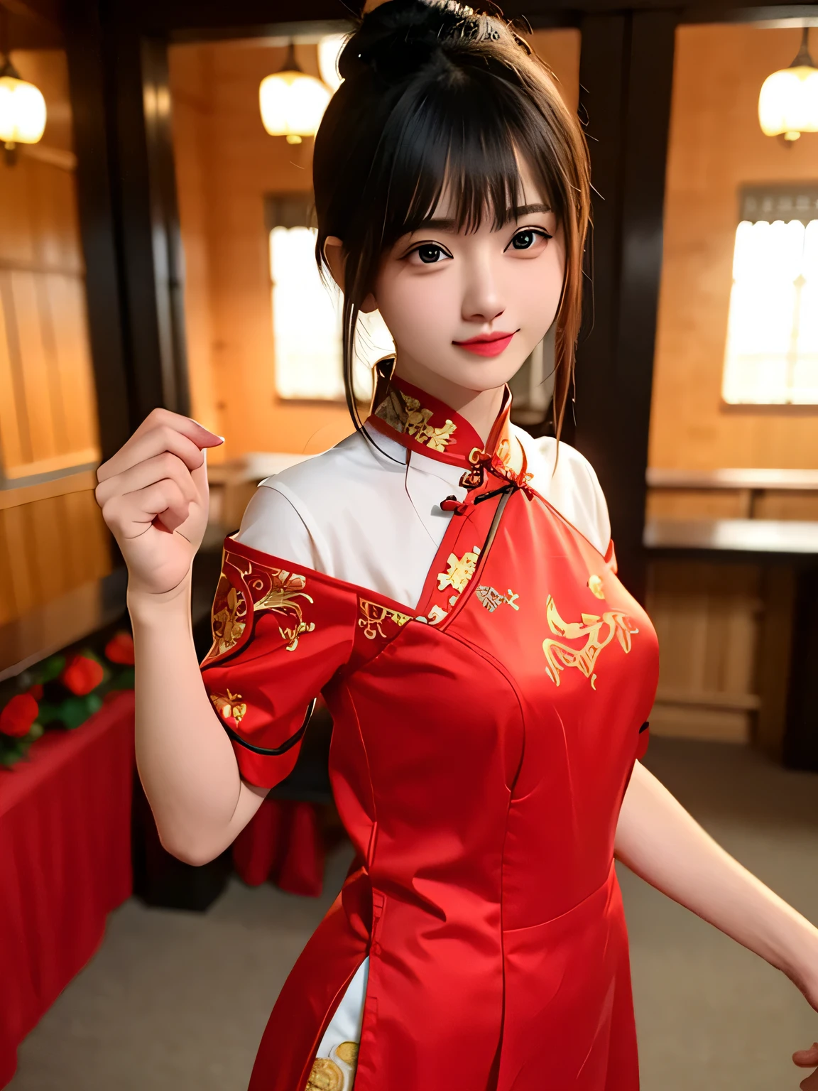 One girl,Upper Body,Fashionable Girl,China dress,Chinese clothing,Hair Flower,(masterpiece:1.4),(Highest quality:1.4),(Glowing Skin),Red lips,View your viewers,(Real Bra:1.0),