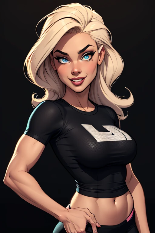 (cartoon style:1.2), Drawings of ([Sports Woman]), wearing black T-shirt, Tight Pants, perfect eyes, detailed face, black background, fun posing, flirty look, Centered, scale to fit the dimensions