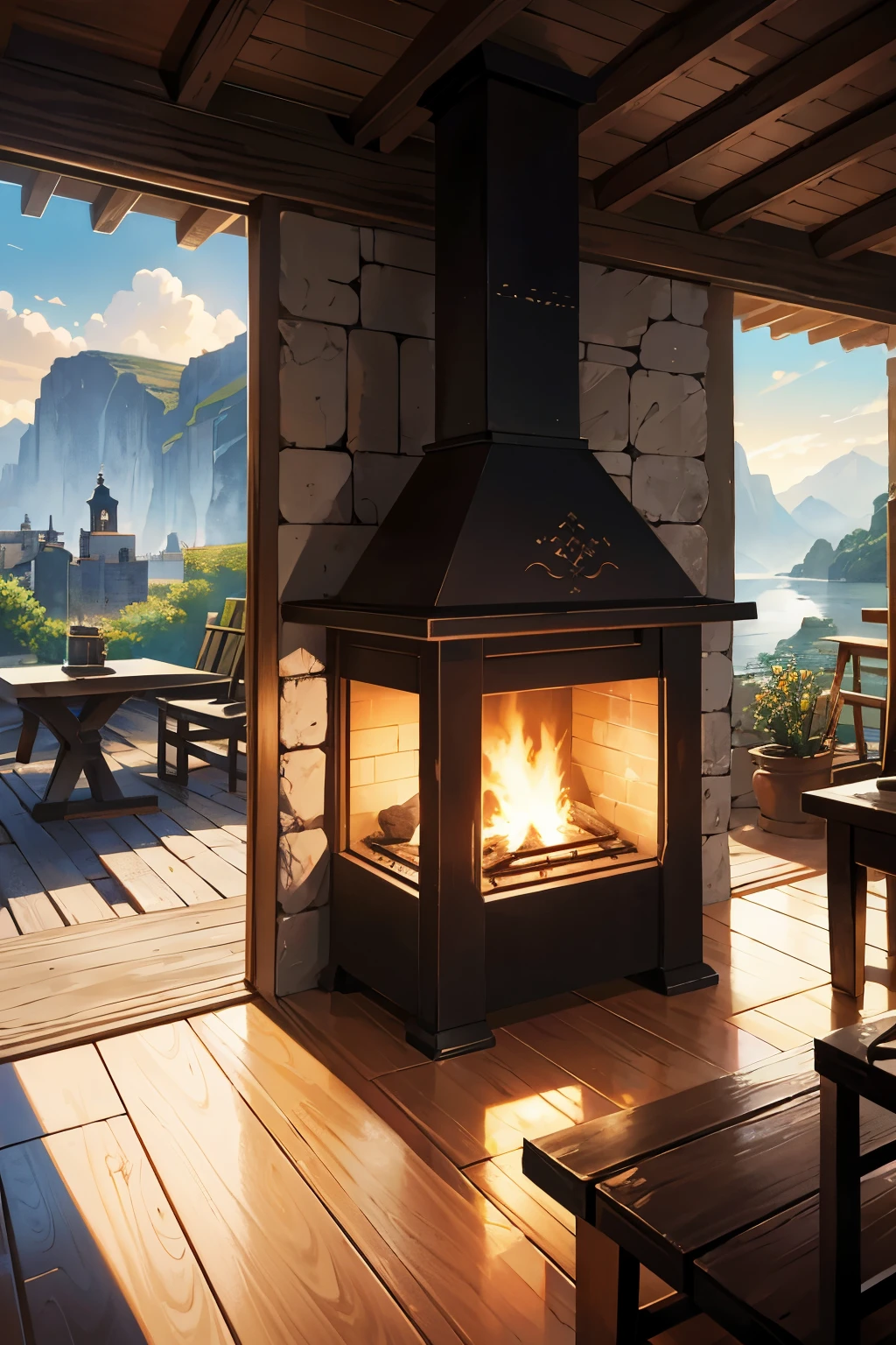 A high-quality masterpiece captures the essence of a scenic background with a blacksmith forge at its heart. The image, in ultra-detailed high resolution, showcases a bustling blacksmith shop that exudes an authentic and realistic atmosphere. The vibrant colors are enhanced with HDR to bring out the vividness of the picturesque landscape surrounding the charming village. The scene is set against the backdrop of towering mountains in the distance and a meandering river that adds to the tranquil beauty.
Inside the blacksmith shop, adorned with a cozy thatched roof, the atmosphere is alive with the sounds and sights of the craft. Flickering flames in the hearth illuminate the space, casting captivating shadows on the walls. The air is filled with the aroma of burning coal and the