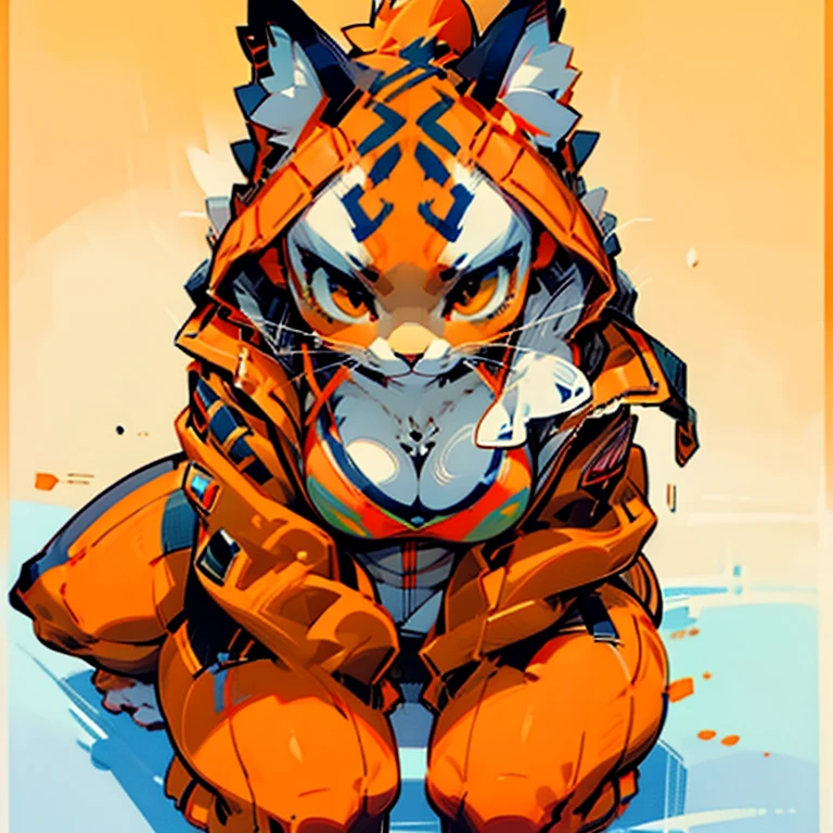 (masterpiece), best quality, expressive eyes, perfect face, fur, tiger，girl, B cup breasts, orange eyes, orange cardigan jacket, white body, Black sports bra, horizontal perspective, sitting, 4 fingers , 4 toes，Orange skin，Orange fur，Big breasts，wide hips，furry