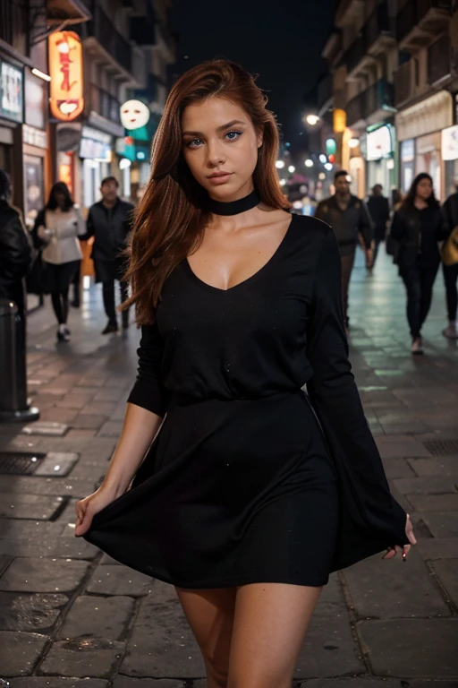 a 25 year old redhead European woman, con ojos azules, mirada sexy, poros detallados de la piel, piel clara, piel grasa, detalles intrincados de los ojos, todo el cuerpo, pechos grandes, color brillante, sombra de ojos, vestido negro de fiesta (uso de estilo callejero: 1.2), (fondo de la ciudad: 1.2), cinematic light, high resolution, paseando por la noche de Barcelona