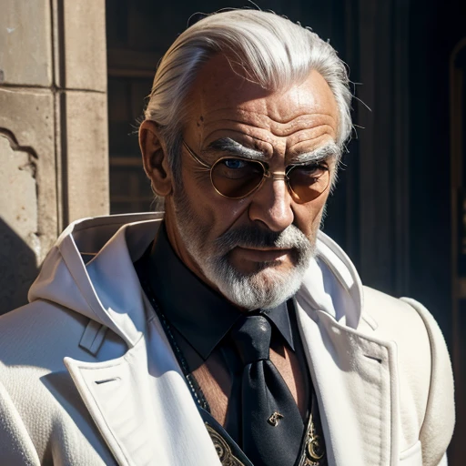 Sean Connery warrior muscular monocle in right eye white suit silver hair cloak steampunk