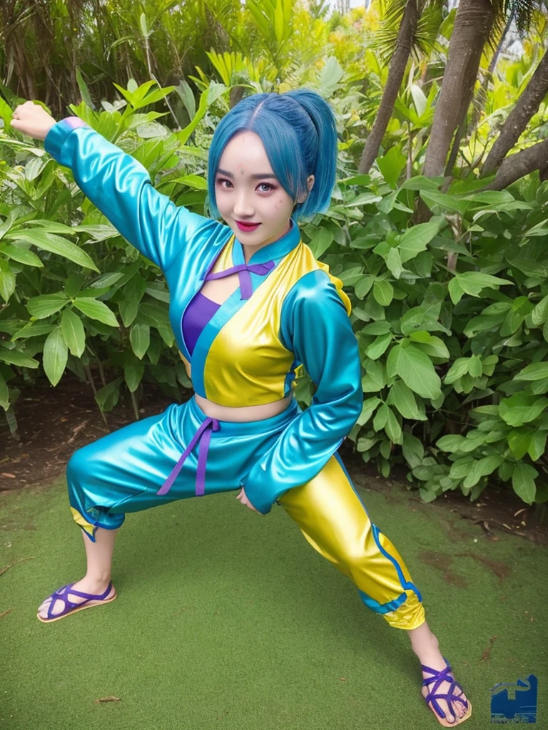 masterpiece, highest quality, 超detailed,Rem,Re Zero, 1 girl, (20-year-old),smile, blue hair, blue and yellow eyes,short hair,cheongsam clothing,((Kung Fu Stance,Battle Pose,overmatch,Sunburn mark,Nigiri fist,good)),latex, shiny, (masterpiece), (highest quality), (超detailed), more_detailed:-1, more_detailed:0, more_detailed:0.5, more_detailed:1, more_detailed:1.5, tan, black skin, Outer World AI, Glow Phi,Ocean,beach, beautiful background, beautiful girl,
