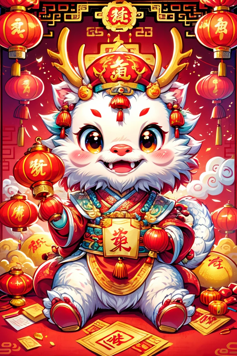(摄影: 1.3), Create a 3D-rendered, Pixar-style illustration of a Cute Chinese Dragon sitting on the ground, wearing a Chinese God of Wealth hat and dressed in traditional Chinese attire. The ground is abundantly covered with red envelopes and gold coins, surrounded by various Chinese New Year festive items. The background depicts a joyous and festive Chinese New Year atmosphere, including traditional Chinese architecture, fireworks, firecrackers, lanterns, and Spring Festival couplets. The dragon has a joyful and happy facial expression.