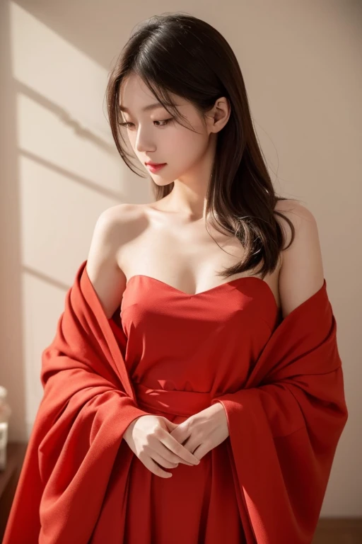 (best quality,actual:1.37),renaissance minimalism,beautiful girl,meticulous的眼睛居中,Slight cleavage,Subtle color palette,meticulous,Wonderful atmosphere,glowing light,Soft light and shadow,vivid emotional descriptions,Timeless elegance,Meticulous attention to detail,Fine and delicate texture,of composition,Understated beauty,Art,peaceful environment,A unique perspective.red clothes