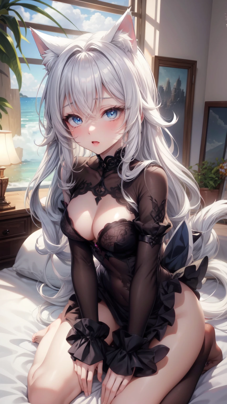 best quality, ultra detailliert, 4k anime girl, anime - style image of a woman with long white hair and a cat ears, wavy hair, perfect white haired girl, ocean blue eyes, face cute, perfect fingers, slim toned body, perfectly proportions, full body, undress, without clothes, naked, stark-naked, seductive anime girl, small curvaceous, large breasts, beautiful breasts, cleavage of the breasts, angle to show off breasts, show off nipples, bedroom background, trending on artstation pixiv, azure lane style