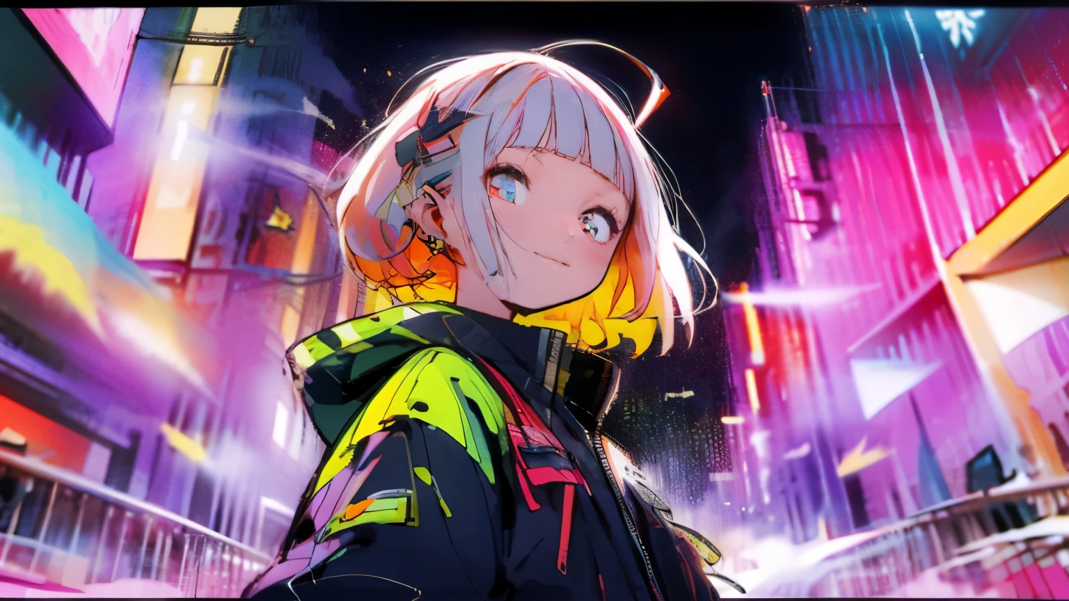 masterpiece, best quality, 1girl, city pop, night, neon light, looking at another, upper body, vector illustration, jacket, light smile, blunt bangs, long hair
