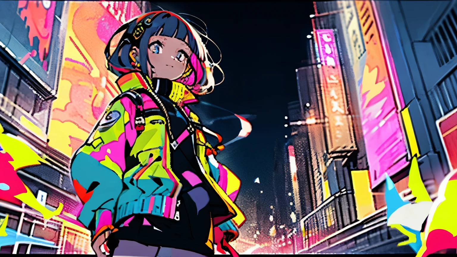 masterpiece, best quality, 1girl, city pop, night, neon light, looking at another, upper body, vector illustration, jacket, light smile, blunt bangs, long hair