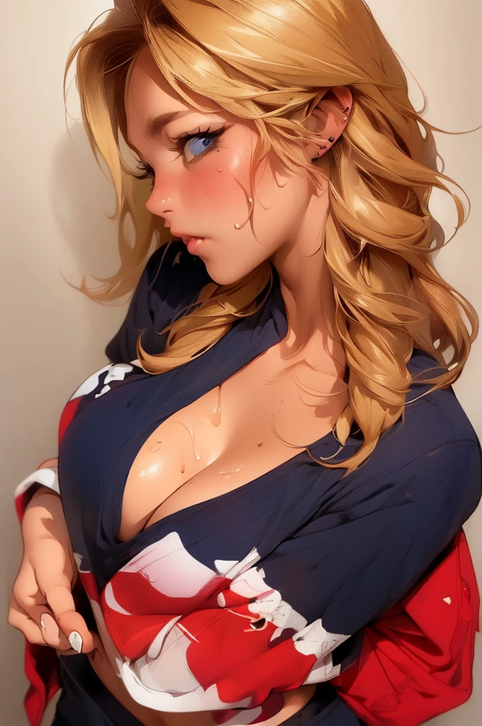 (((illustration))), (1girl),large breasts, breasts, tan, dewy skin, sweaty skin, wavy blonde hair, punk tshirt, punk girl, (((in vector style )), in the style of sakimichan