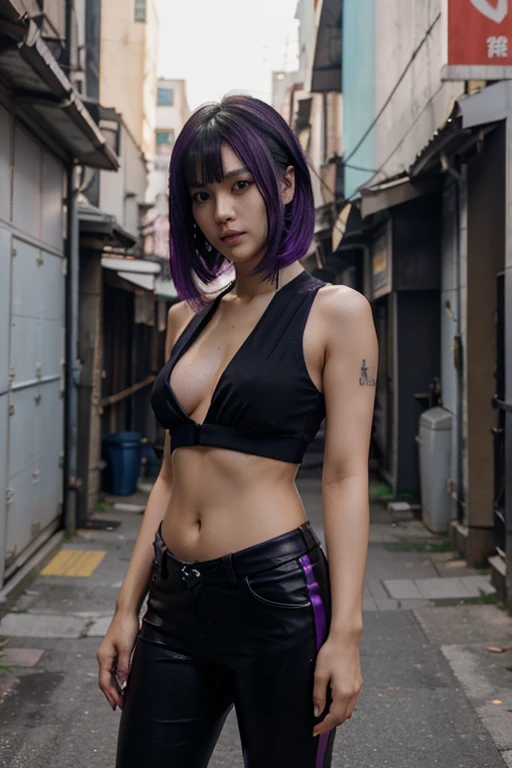 Full body, standing, (RAW photo, highest quality), (realistic, photorealistic) 25 year old Asian girl, Fei Liang beautilul and very detailed face, punk haircut, black hair with a purple streak, looking at the camera, wearing a tight pants in black and opaque synthetic fabric, short sleeveless blouse color dark blue (shows navel), in diffent poses and angles, cyberpunk style Asian empty alley, daylight and tall buildings