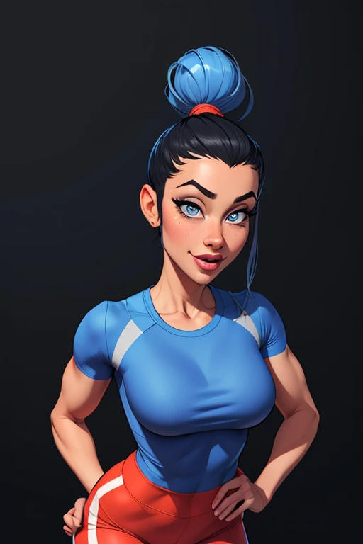 (cartoon style:1.2), Drawings of ([Sports Woman]), wearing blue shirts, grey Pants, perfect eyes, detailed face, black background, fun posing, flirty look, Centered, scale to fit the dimensions