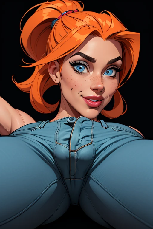 (cartoon style:1.2), Drawings of ([Sports Woman]), wearing blue shirts, grey Pants, perfect eyes, detailed face, black background, fun posing, flirty look, Centered, scale to fit the dimensions