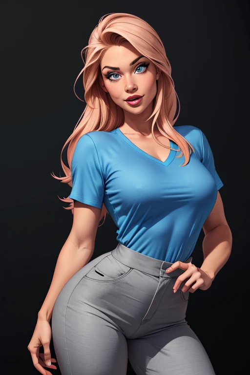 (cartoon style:1.2), Drawings of ([Sports Woman]), wearing blue shirts, grey Pants, perfect eyes, detailed face, black background, fun posing, flirty look, Centered, scale to fit the dimensions