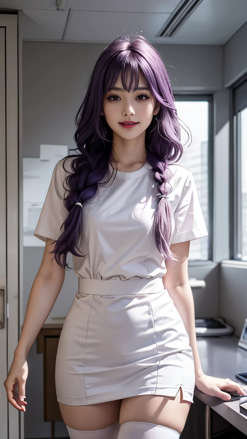 1 woman,solo,Nurse,Nurse帽,white clothing,((white pantyhose,zettai ryouiki)),White gloves,Purple hair big breasts,purple hair,long hair,thick braid,purple-eyed,droopy eyes,pink lips,Smile,stand,((Hospital room)),clear outline, short sleeves, adult, 32 years old, best quality, masterpiece