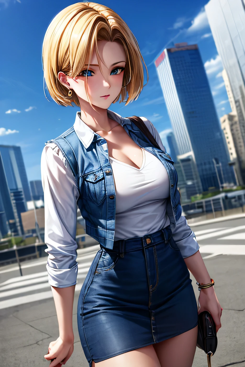 android 18, android 18, blonde hair, blue eyes, eyelash, hoop earrings, short hair, earrings, break belt, black legwear, black shirt, breast pocket, cleavage, clavicle, denim, denim skirt, high-waist skirt, jewelry, long sleeve, pocket, shirt, shirt tucked in, skirt, striped, striped sleeves, waistcoat,, break outdoors, city, null, cloud, sun, break looking at viewer, (cowboy shot:1.5), break (masterpiece:1.2), highest quality, High resolution, unity 8k wallpaper, (shape:0.8), (beautiful and detailed eyes:1.6), highly detailed face, perfect lighting, Very detailed CG, (perfect hands, perfect anatomy)