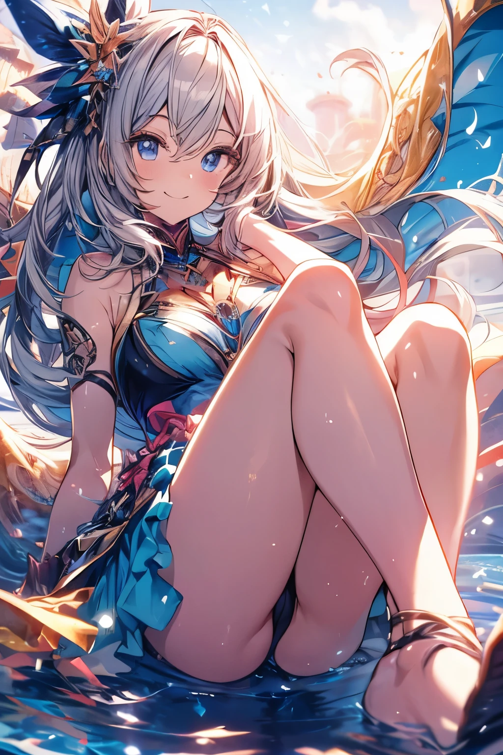 anime girl smiling, bright background, close up on ankle up, masterpiece, best quality, high quality, beauty girl, Great aesthetics