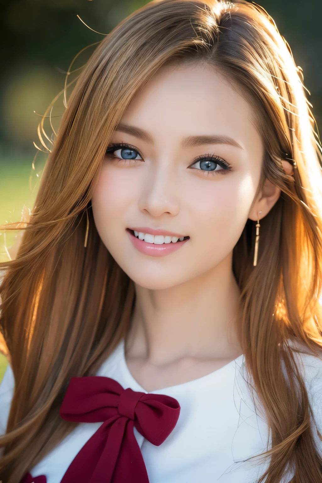 (table top:1.3, Photoreal:1.4, 8K), highest quality, masterpiece, Super high resolution, perfect dynamic composition, big face、(((blonde hair:2.0、curly hair)))、Highly detailed skin and facial textures:1.3, 、Detail of limbs, 1 girl, Cute sexy 22 year old woman, Fair skin, tilt your head, ((laughter:0.9, completely enchants you:0.9)), (school uniform ), ((plump breasts:0.9)), (Eyes Apart、beautiful eyes, blue eyes、Eyes that feel beautiful eros:0.85), sexy face:0.4, (A taste that gives you a beautiful sense of eroticism:0.85), ((Too cute beauty:0.9))、gal makeup、extreme close up