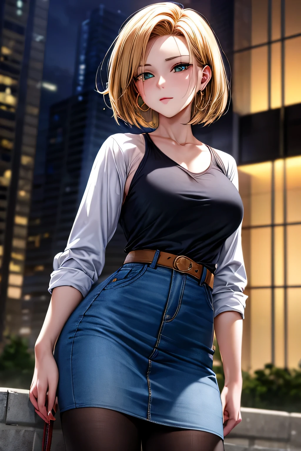 android 18, android 18, blonde hair, blue eyes, eyelash, hoop earrings, short hair, earrings, break belt, black legwear, black shirt, breast pocket, cleavage, clavicle, denim, denim skirt, high-waist skirt, jewelry, long sleeve, pocket, shirt, shirt tucked in, skirt, striped, striped sleeves, waistcoat,, break outdoors, city, null, cloud, sun, break looking at viewer, (cowboy shot:1.5), break (masterpiece:1.2), highest quality, High resolution, unity 8k wallpaper, (shape:0.8), (beautiful and detailed eyes:1.6), highly detailed face, perfect lighting, Very detailed CG, (perfect hands, perfect anatomy)
