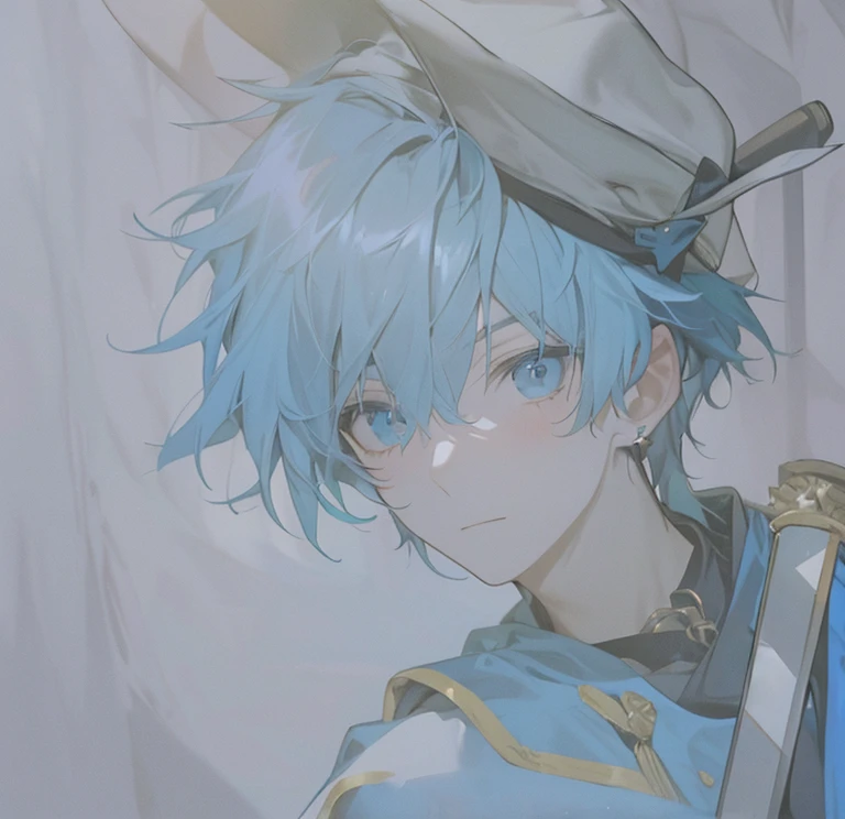 A blue-haired boy,Wearing a black hat on the head,Dressed in blue,On his left is a sword
