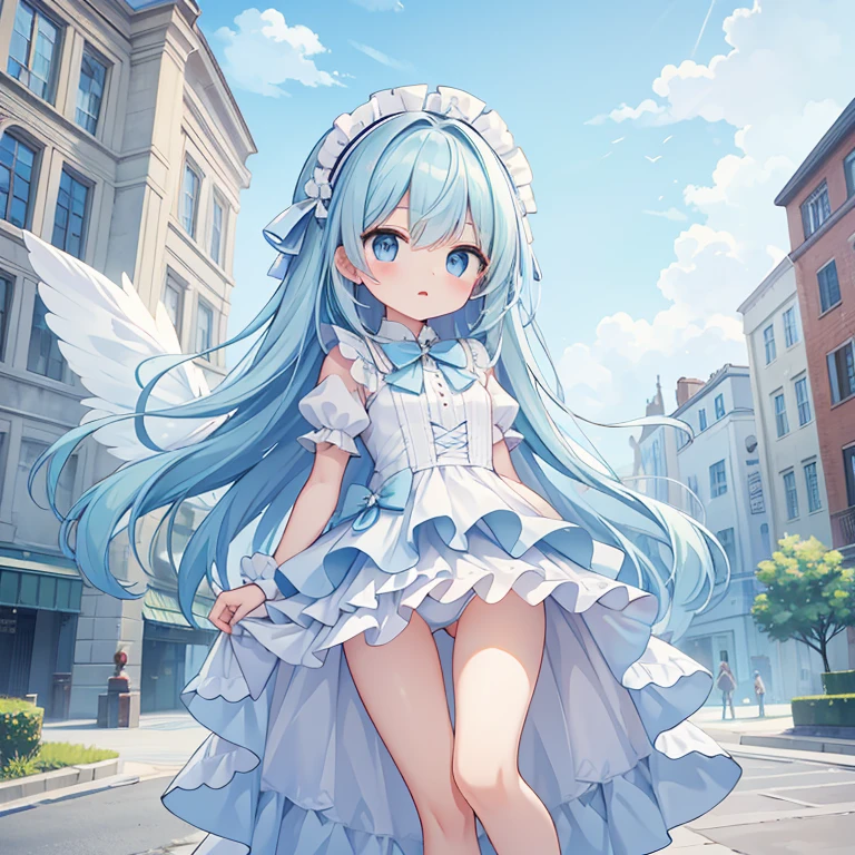 high quality,drop down,girl,perfect anatomy,air,light blue hair,white dress,wing,European style city on the ground,light blue frill panties