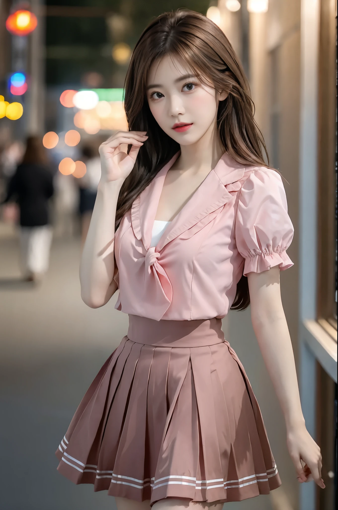 pleated skirt,pink skirt,pink sailor collar, ((Realistic lighting、top quality、8k、masterpiece:1.3))、clear focus:1.2、1 girl in、Perfect body:1.4、slim、Whole BodyEsbian、((dark brown hair、big:1.3))、(Accelerate:1.4)、(outdoor、night:1.1)、street、face slimming、squinting、double eyelids、hair length、swaying hair、Exposed cleavage、Comb your hair with both hands、Fluttering、fashion model pose、