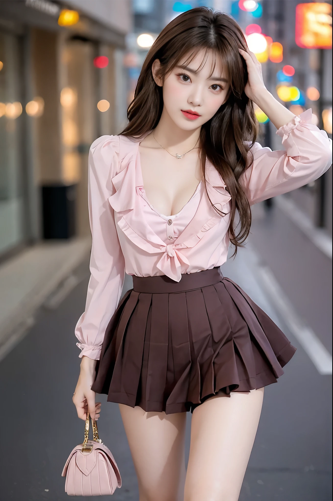 pleated skirt,pink skirt,pink sailor collar, ((Realistic lighting、top quality、8k、masterpiece:1.3))、clear focus:1.2、1 girl in、Perfect body:1.4、slim、Whole BodyEsbian、((dark brown hair、big:1.3))、(Accelerate:1.4)、(outdoor、night:1.1)、street、face slimming、squinting、double eyelids、hair length、swaying hair、Exposed cleavage、Comb your hair with both hands、Fluttering、fashion model pose、