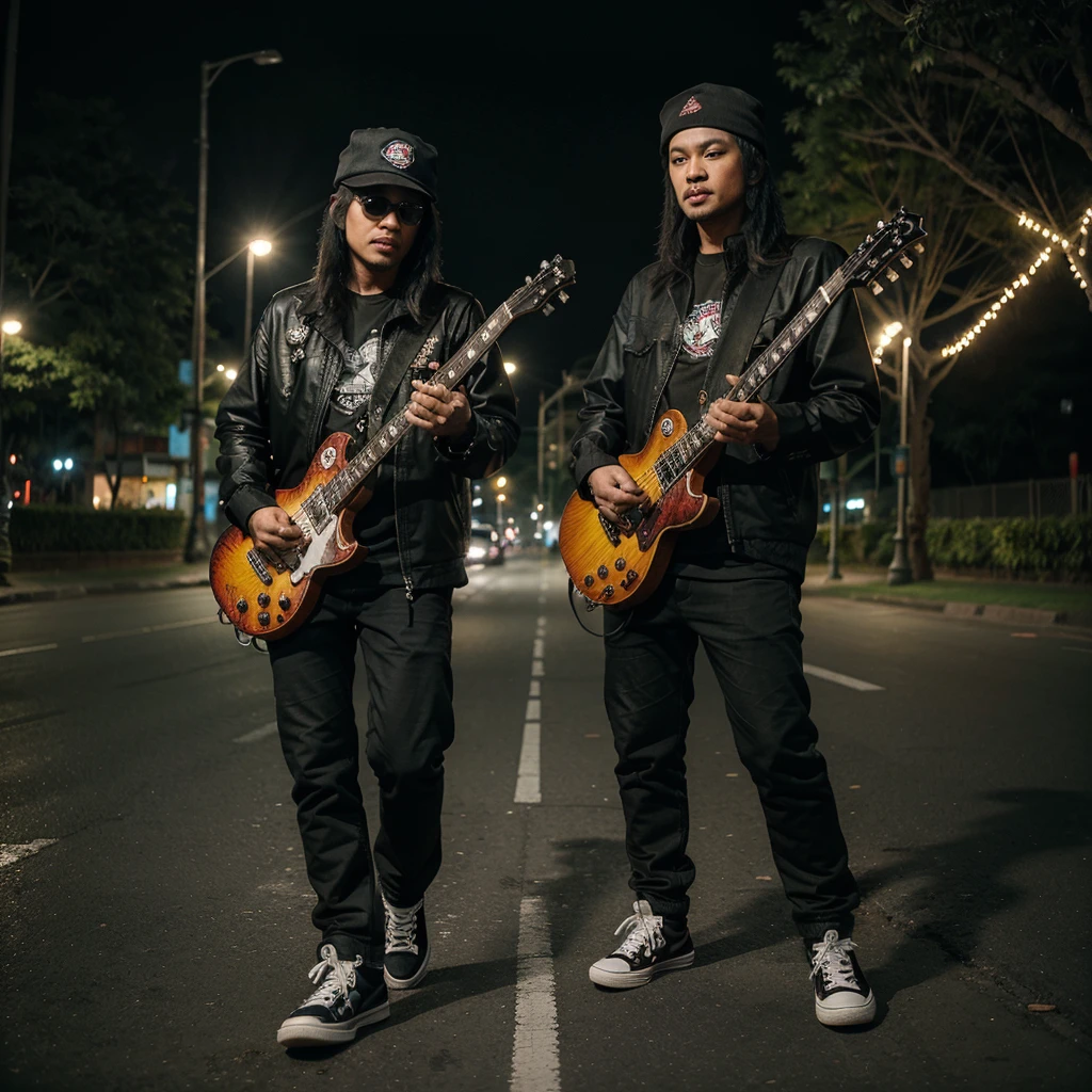 kualitas terbaik、pencahayaan seperti film、Di jalan、Slash gitaris Guns N' Roses, memakai jaket kulit hitam, topi sulap, dan sepatu converse sedang berjalan di gang sempit malam hari, di kota semarang