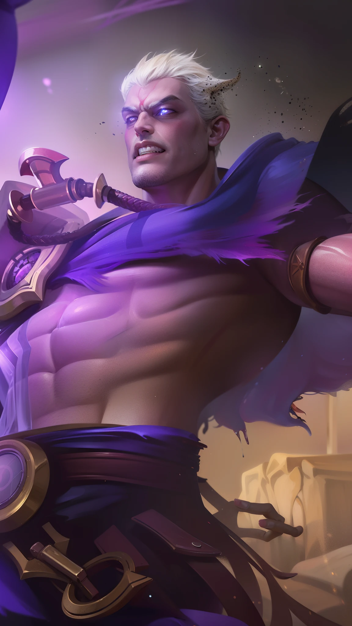 masculine male, masterpiece, ((perfect eyes)) best quality, (semirealism:1.9), beautiful lighting, (extremely detailed CG unity 4k fhd wallpaper), High Detail, Sharp focus, dramatic outdoors,40 years old, brown short hair, blue eyes, smile, Boy with two big horns, big earrings on ears, elf ear, red eyes, Thick eyebrows, evil smile, grinning,red body, red face, Burning skin, yellow diamonds glistening on chest, burning red skin,golden robe behind, big white belt , 8k , realistic, scary,