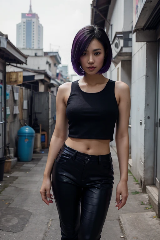 Full body, standing, (RAW photo, highest quality), (realistic, photorealistic) 25 year old Asian girl, Fei Liang beautilul and very detailed face, punk haircut, black hair with a purple streak, looking at the camera, wearing a tight pants in black and opaque synthetic fabric, short sleeveless blouse color dark blue (shows navel), cyberpunk style Asian empty alley, daylight and tall buildings