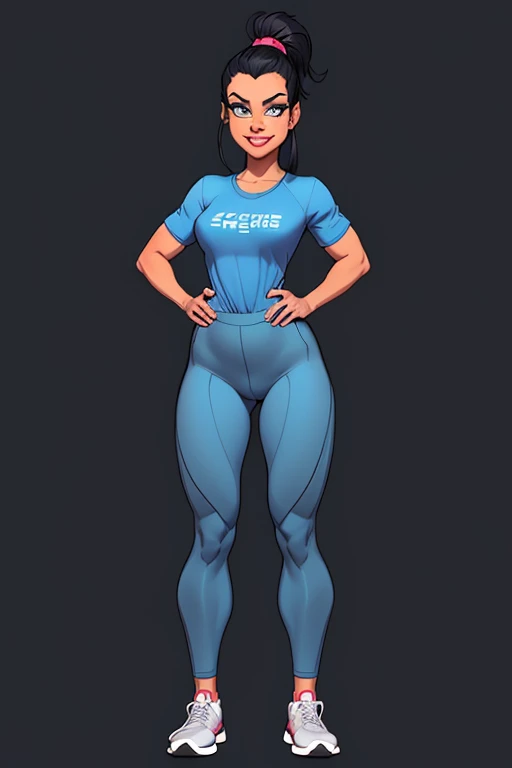 (cartoon style:1.2), Drawings of ([Sports Woman]), wearing blue shirts, grey Pants, perfect eyes, full body, detailed face, black background, fun posing, flirty look, Centered, scale to fit the dimensions