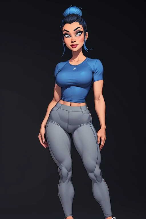 (cartoon style:1.2), Drawings of ([Sports Woman]), wearing blue shirts, grey Pants, perfect eyes, full body, detailed face, black background, fun posing, flirty look, Centered, scale to fit the dimensions