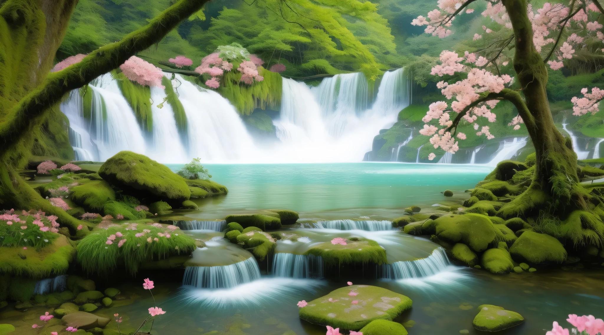 a beautiful waterfall with pink flowers and green mosses in the foreground, peaceful beautiful waterfall, flowers and waterfalls, beautiful stunning waterfall, waterfalls and lakes, really beautiful nature, nature wallpaper, with waterfalls and river, beautiful waterfall, beautiful wallpaper, stunning waterfall, floating waterfalls, lakes and waterfalls, stunning nature in background, beautiful nature, with trees and waterfalls, pink waterfalls