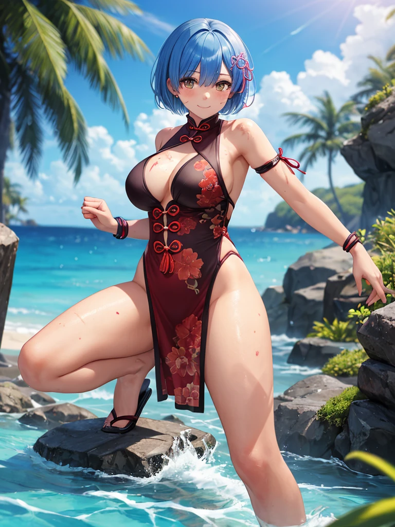 masterpiece, highest quality, 超be familiar with,Rem,Re Zero, 1 girl, (20-year-old),smile, blue hair, blue and yellow eyes,short hair,cheongsam clothing,((Kung Fu Stance,battle pose,Overmatch,Sunburn mark,Nigiri fist,good)),latex, shiny, (masterpiece), (highest quality), (超be familiar with), more_be familiar with:-1, more_be familiar with:0, more_be familiar with:0.5, more_be familiar with:1, more_be familiar with:1.5, tan, black skin, Outer World AI, Glow Phi,Ocean,beach, beautiful background, beautiful girl, 