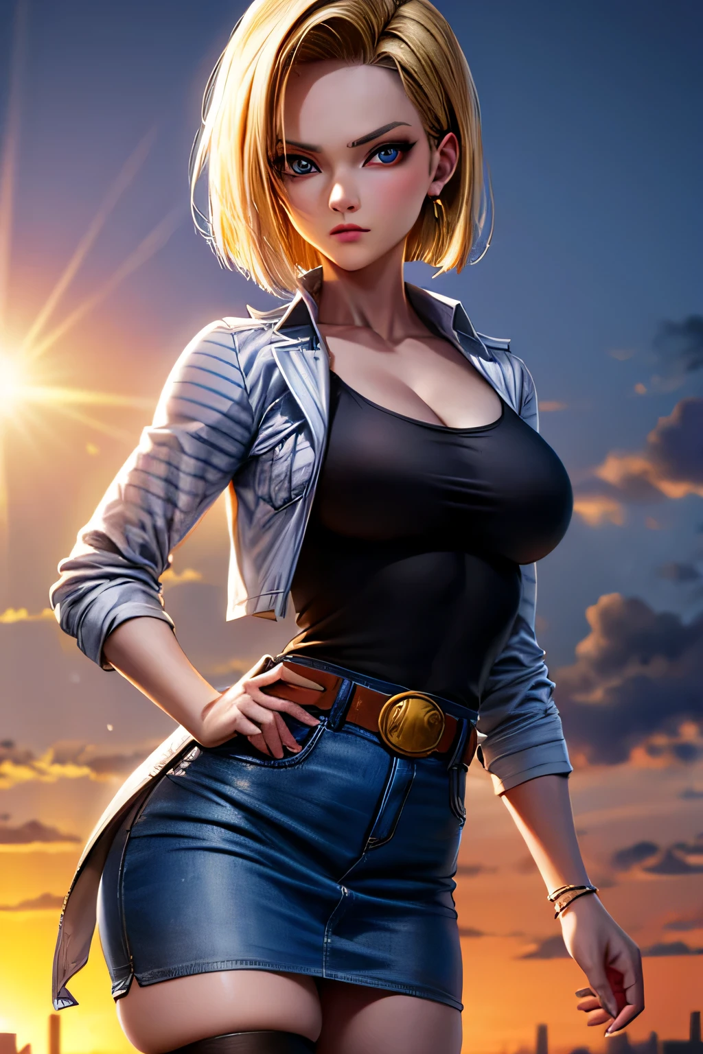 android 18, android 18, blonde hair, blue eyes, eyelash, hoop earrings, short hair, earrings, break belt, black legwear, black shirt, breast pocket, cleavage, clavicle, denim, denim skirt, high-waist skirt, jewelry, long sleeve, pocket, shirt, shirt tucked in, skirt, striped, striped sleeves, waistcoat,, break outdoors, city, null, cloud, sun, break looking at viewer, (cowboy shot:1.5), break (masterpiece:1.2), highest quality, High resolution, unity 8k wallpaper, (shape:0.8), (beautiful and detailed eyes:1.6), highly detailed face, perfect lighting, Very detailed CG, (perfect hands, perfect anatomy)