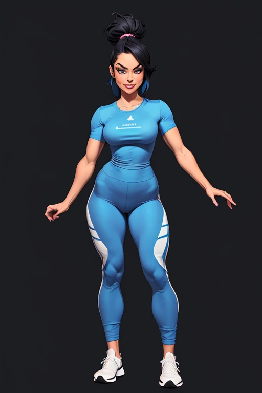 (cartoon style:1.2), Drawings of ([Sports Woman]), wearing blue shirts, loose Pants, perfect eyes, full body, detailed face, black background, fun posing, flirty look, Centered, scale to fit the dimensions
