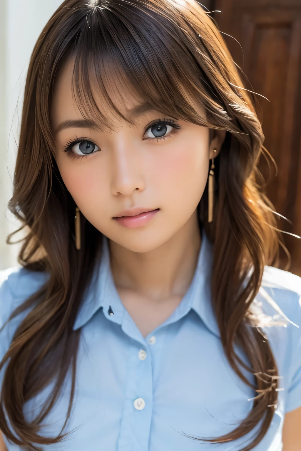 (table top:1.3, Photoreal:1.4, 8K), highest quality, masterpiece, Super high resolution, perfect dynamic composition, big face、round face、((blonde hair:1.8、curly hair))、Highly detailed skin and facial textures:1.3, Detail of limbs, 1 girl, Cute sexy 22 year old woman, (tanned skin:1.6), tilt your head, ((completely enchants you:0.9)), ((school uniform)),Medium chest, (Eyes Apart、beautiful eyes, blue eyes、Eyes that feel beautiful eros:0.85), sexy face:0.4, (closed mouth、small mouth、thick lips、A taste that gives you a beautiful sense of eroticism:0.85), ((Too cute beauty:0.9))、gal makeup、standing position、((full body shot)), beautiful legs
